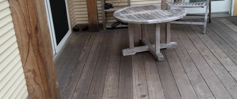 Redwood deck and teak furniture before restoration