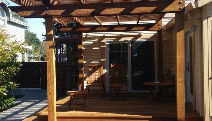 Redwood deck and trellis after restoration